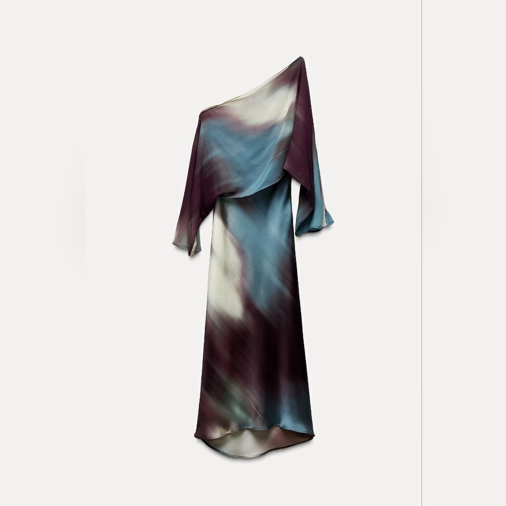 NWT ZARA SATIN print midi dress with cape blue and brown Included Cape - Picture 11 of 15